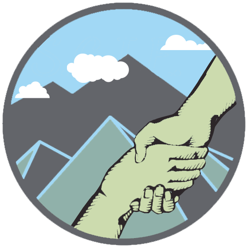 Logo of hand helping another hand with mountains in the back