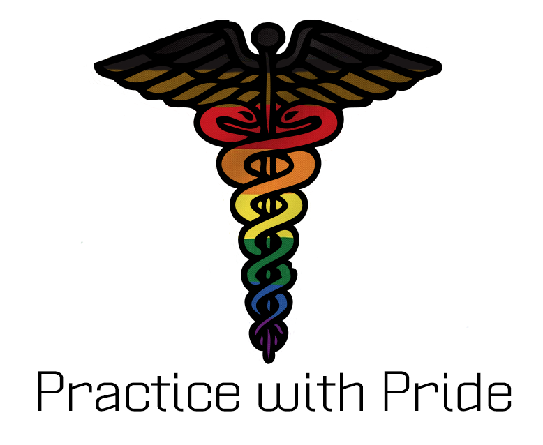 Health logo that is rainbow pattern with practice with pride text underneath